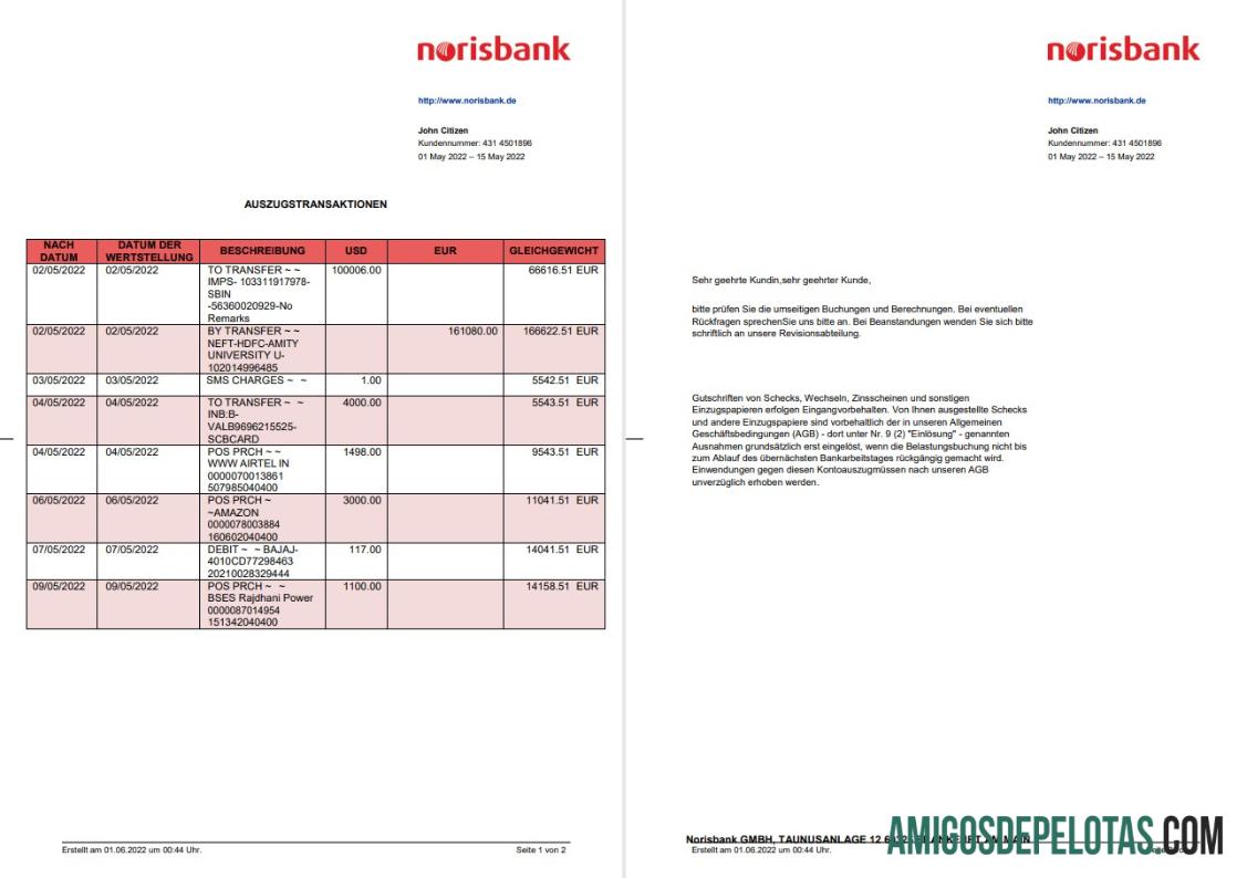 Germany Norisbank Statement On Deutsch, 2 Pages amostra